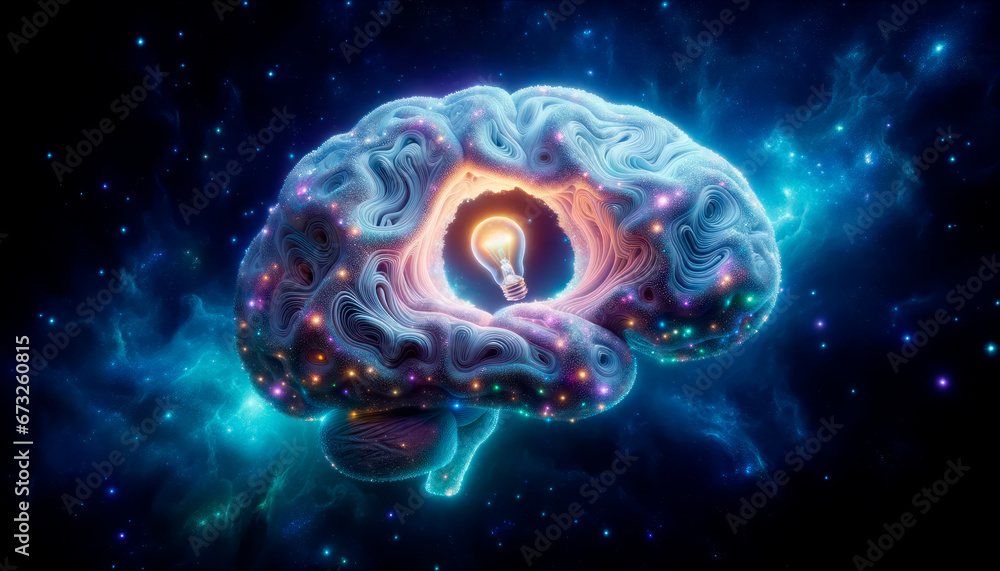 Poster Human digital brain with glowing lightbulb in space. Neural network and idea concept. Generative AI