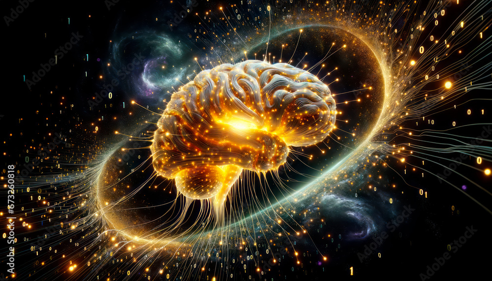 Poster Digital brain in colour background with glowing particles. Artificial intelligence concept. Generative AI