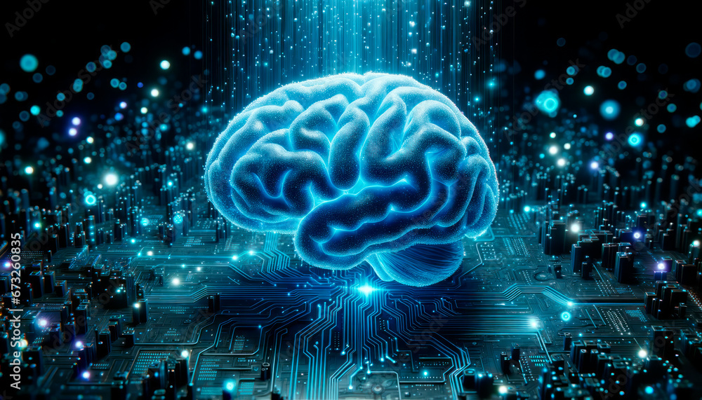 Poster human brain on circuit board background. artificial intelligence concept. generative ai