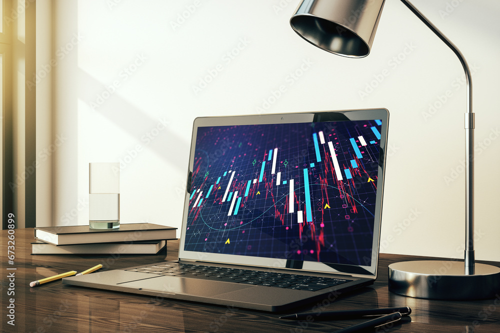 Poster modern computer monitor with abstract creative financial chart, research and strategy concept. 3d re
