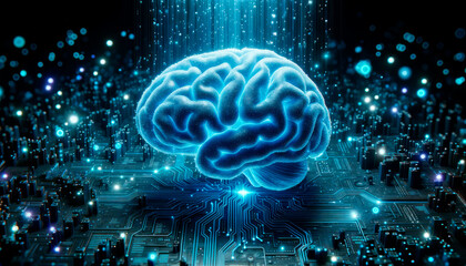 human brain on circuit board background. Artificial intelligence concept. Generative AI