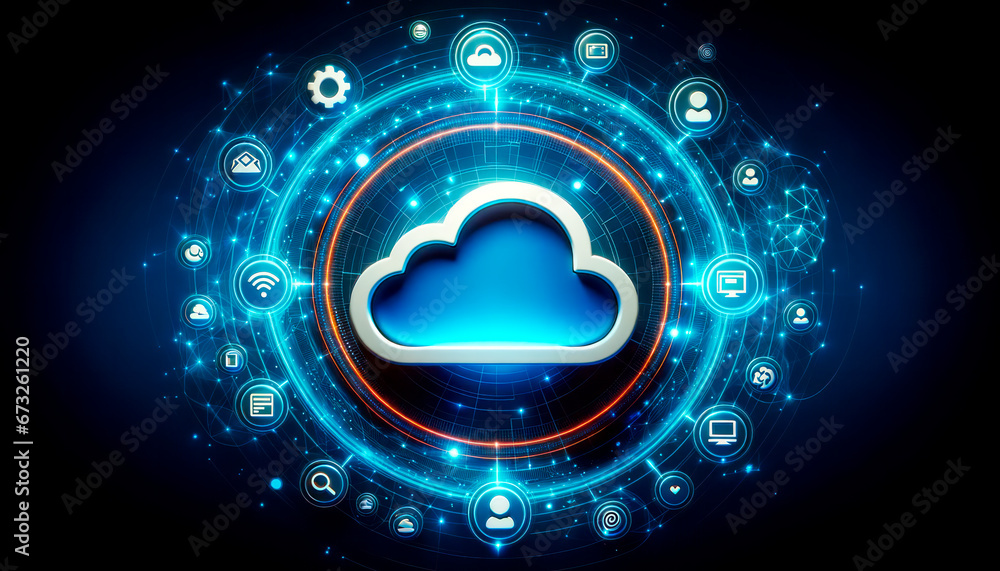 Poster Cloud computing technology concept with glowing icon on dark background. Generative AI