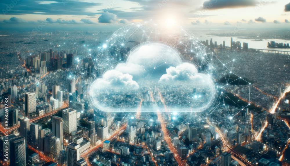 Poster Cloud computing technology concept with cityscape and buildings in the background. Generative AI