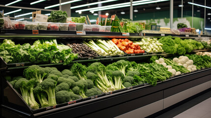 Fruits and vegetables on the shelves in the supermarket. - obrazy, fototapety, plakaty