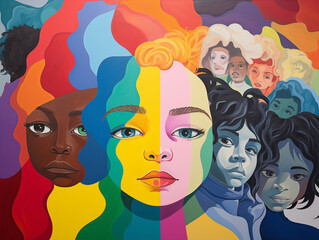 Diverse group of people in a rainbow composition