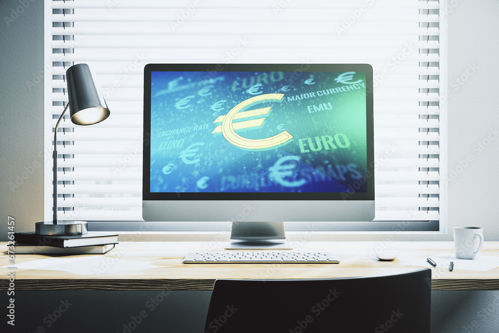 Poster creative euro symbols sketch on modern laptop monitor, strategy and forecast concept. 3d rendering