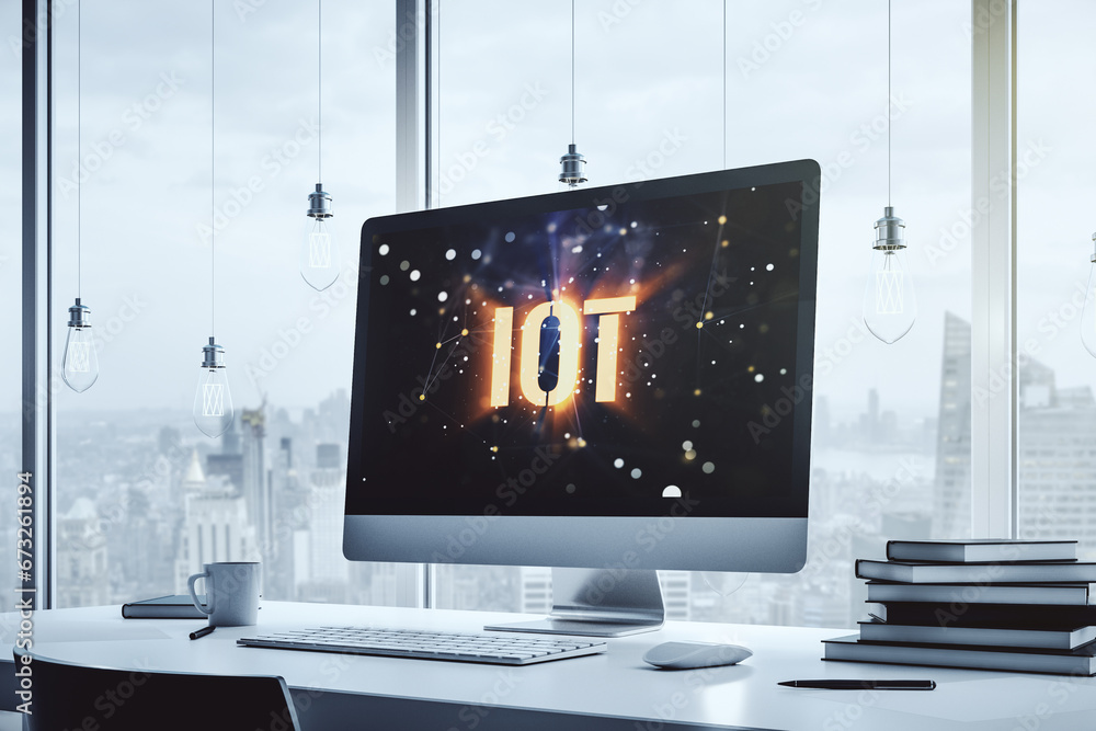 Aufkleber Modern computer monitor with creative IOT hologram, research and development concept. 3D Rendering