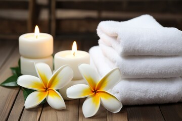 SPA composition - white towels, candles and frangipani flowers. AI generative