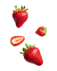 Strawberries png isolated on white or transparent backgroud, strawberry falling down, bright red and fresh ripe fruits