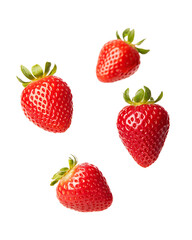 Strawberries png isolated on white or transparent backgroud, strawberry falling down, bright red and fresh ripe fruits