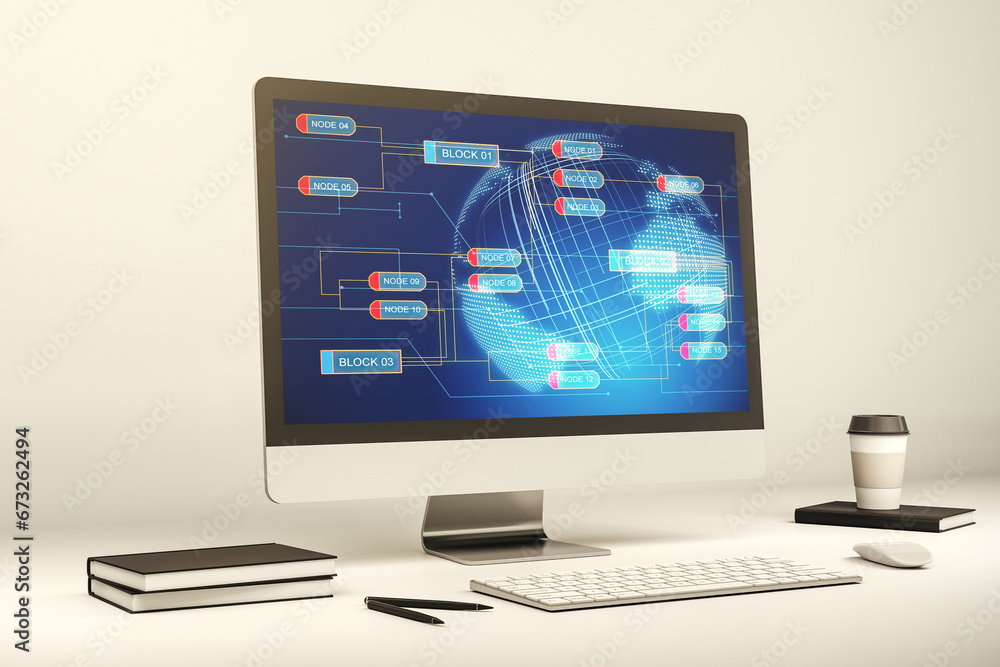 Poster Computer monitor with abstract creative programming illustration and world map, big data and blockchain concept. 3D Rendering