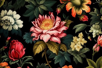 Stunning retro floral design on a black background, perfect for wall decor or wallpaper. Generative AI