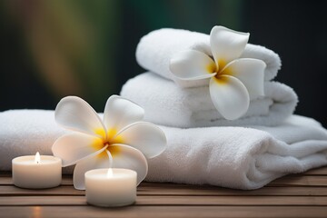 Fototapeta na wymiar SPA composition - white towels, candles and frangipani flowers. AI generative