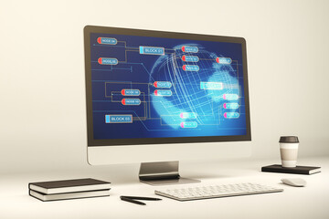 Computer monitor with abstract creative programming illustration and world map, big data and blockchain concept. 3D Rendering