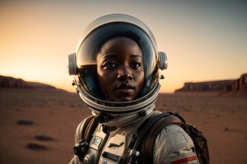 Obraz na płótnie Canvas Close-up portrait of a beautiful African American astronaut woman wearing a silver spacesuit on the Mars planet.