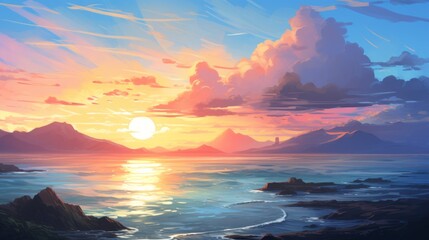 Gorgeous landscape with a cartoon summer sunrise, fluffy clouds, sea and a bright sun.