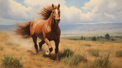 Painting of a horse running in the open grassland.