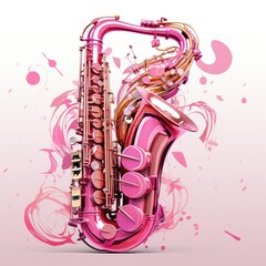 Fototapeta na wymiar Whimsical pink saxophone blowing out visible notes