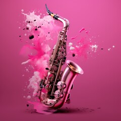 Whimsical pink saxophone blowing out visible notes