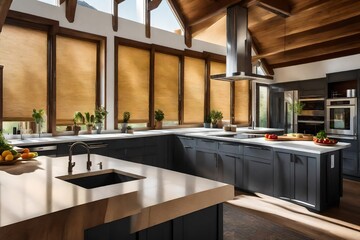 kitchen interior, a sunny kitchen, with automated blinds and shades filtering the light and providing privacy - obrazy, fototapety, plakaty