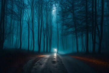 Obraz premium fog in the forest, snow falling at night in a snowy dark forest with lights and stars