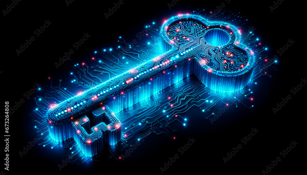 Poster abstract key on a black background. cyber security concept. generative ai