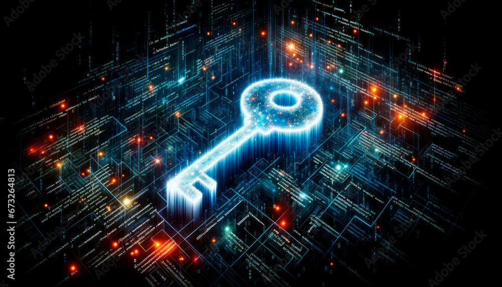 Poster Key on abstract digital background. Digital security and data protection concept. Generative AI
