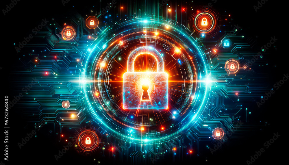 Poster Cyber security concept. Lock icon on circuit board background. Generative AI