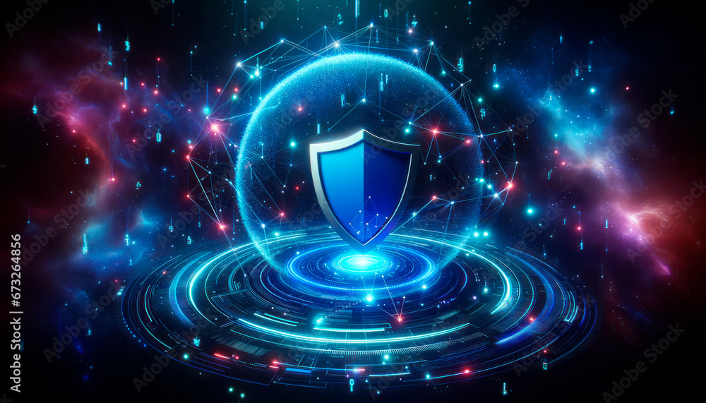 Poster cyber security concept. shield in hologram sphere. cyber attack and virus protection. generative ai