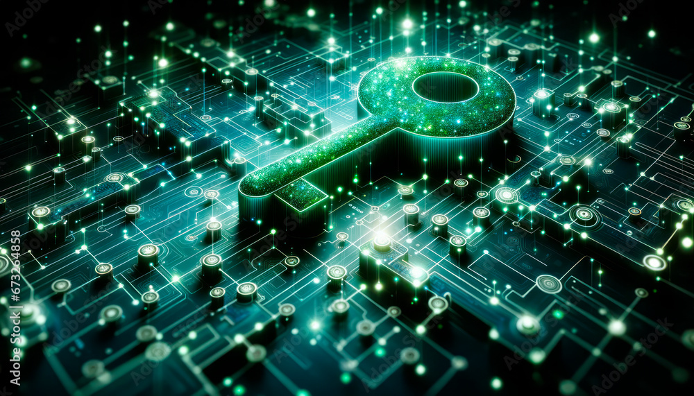 Poster key on a digital circuit board background. digital security and data protection concept. generative 