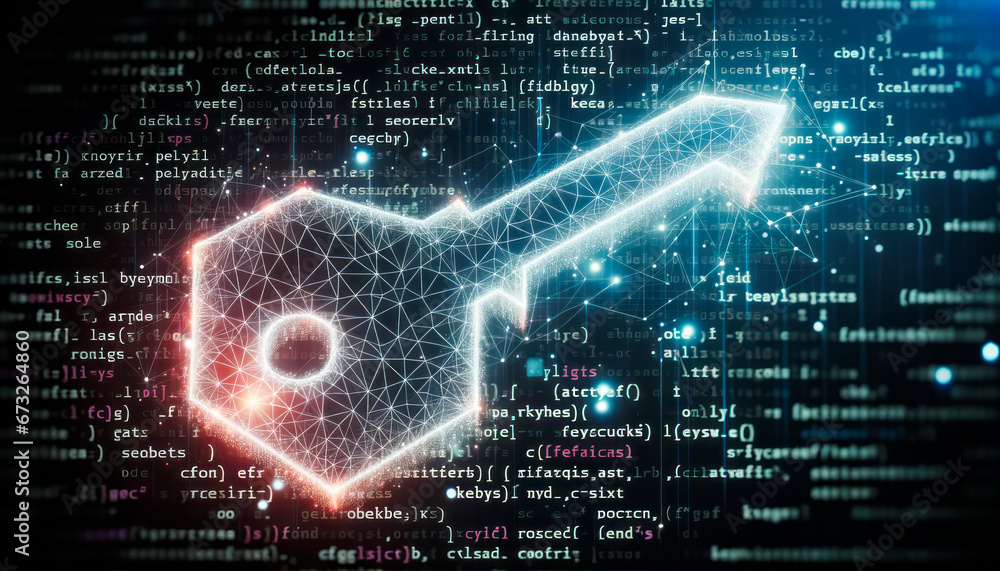 Poster abstract glowing key on digital background. security concept. generative ai