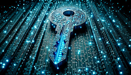 Key on a digital background with binary code. Digital security and data protection concept. Generative AI - obrazy, fototapety, plakaty