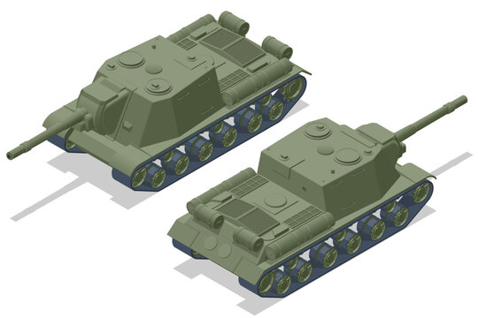 Isometric USSR Tank, self-propelled artillery ISU-152. Armoured fighting vehicle designed for front-line combat, with heavy firepower