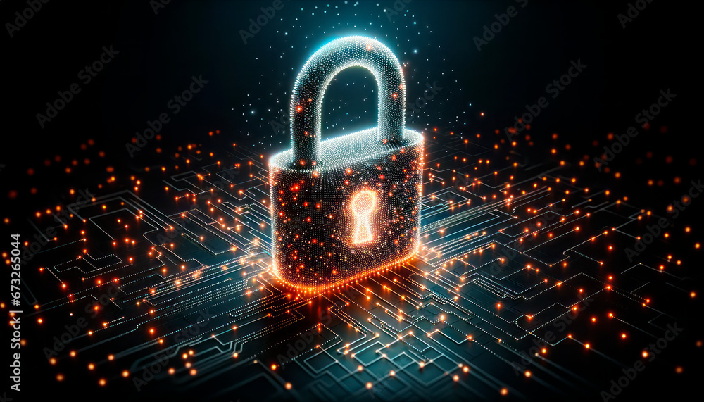 Poster cyber security concept. digital padlock with circuit board background. generative ai