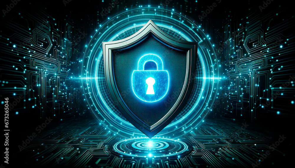 Poster Cyber security concept. Shield with padlock on circuit board background. Generative AI
