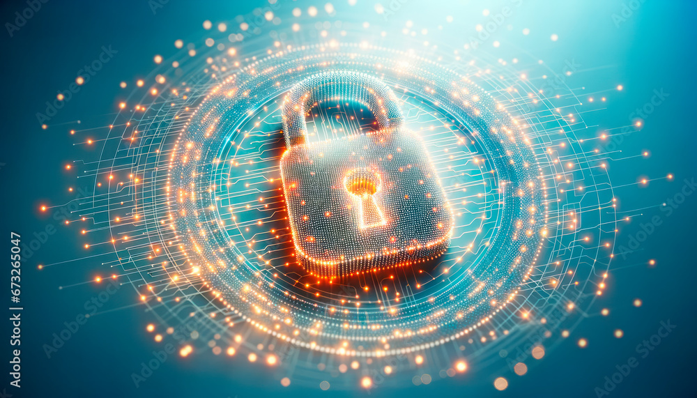 Poster Cyber security concept with padlock on blue background. Generative AI