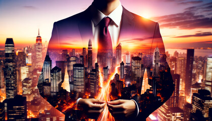 Double exposure of success businessman and modern cityscape at sunset background. Purposefulness concept. Generative AI