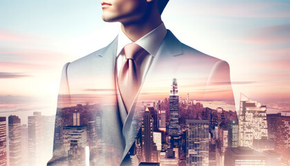 Double exposure of confident businessman and modern city at background. Successful concept. Generative AI