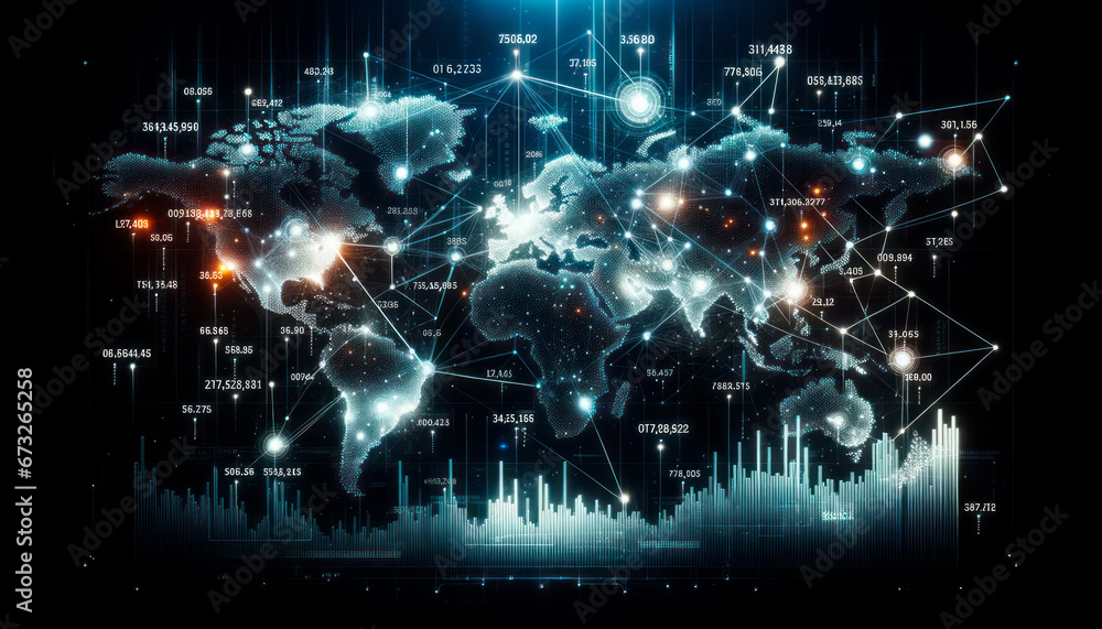 Poster Background image with world map and graphs. Globalization concept. Generative AI