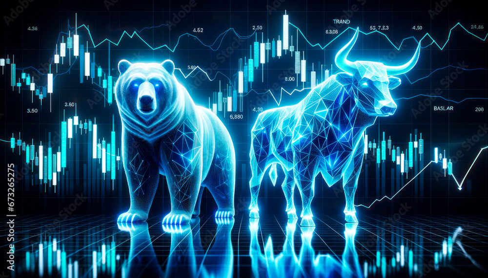 Poster bear and bull on dark background with stock market chart. generative ai