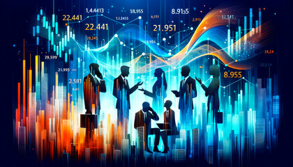 Group of business people and stock market graphs on abstract background. Generative AI - obrazy, fototapety, plakaty