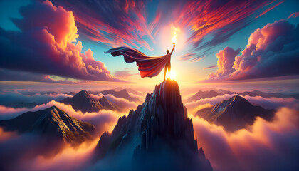 Super hero on top of the mountain at sunset. Success concept. Generative AI - obrazy, fototapety, plakaty
