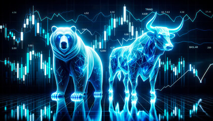 Bear and bull on dark background with stock market chart. Generative AI - obrazy, fototapety, plakaty