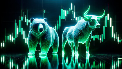 Bull and bear with candlestick chart background. Generative AI - obrazy, fototapety, plakaty