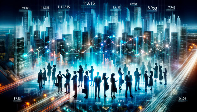 Silhouettes of business people on abstract city background with forex chart. Double exposure. Generative AI