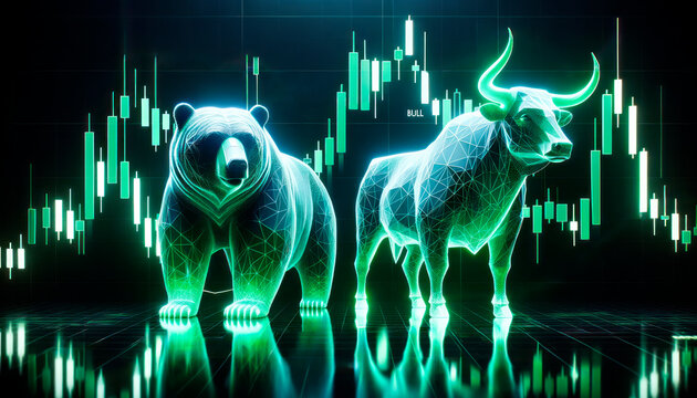 Bull And Bear With Candlestick Chart Background. Generative AI