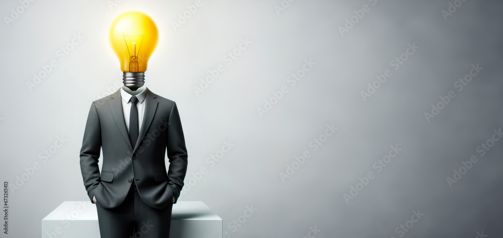 Poster businessman in suit with light bulb instead of head. generative ai