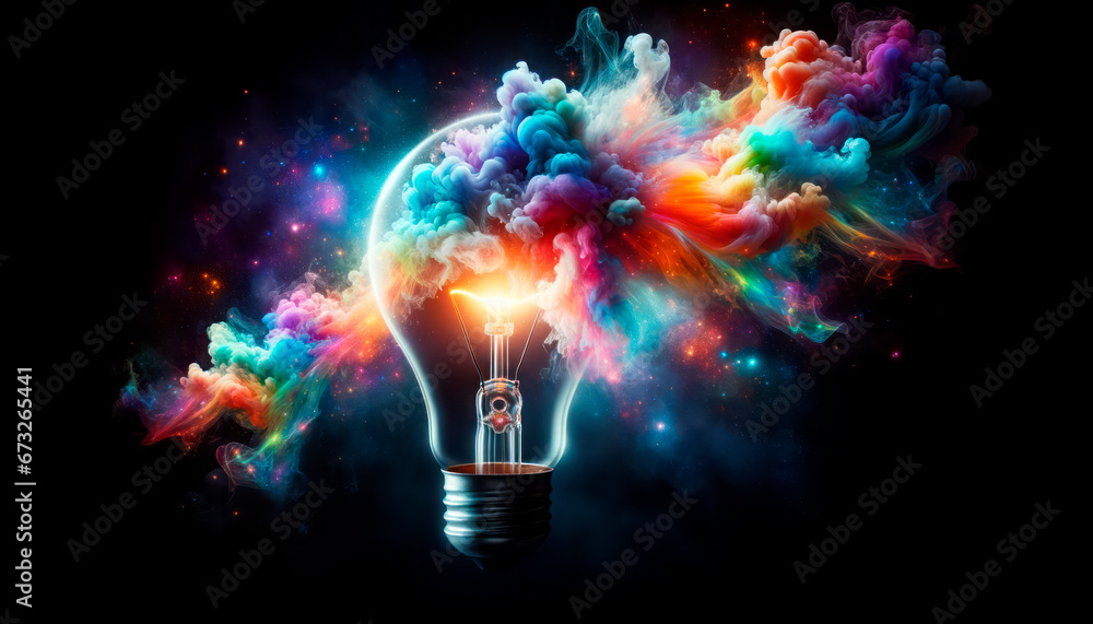 Canvas Prints incandescent light bulb with colorful smoke on black background. generative ai