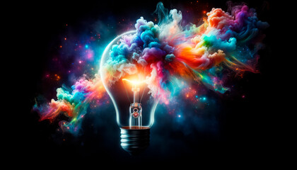 Incandescent light bulb with colorful smoke on black background. Generative AI - obrazy, fototapety, plakaty