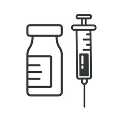 Medical glass bottle and syringe. Pictogram of insulin dose in a vial. Collection of Injection, flu vaccination symbols. Isolated vector illustration.
